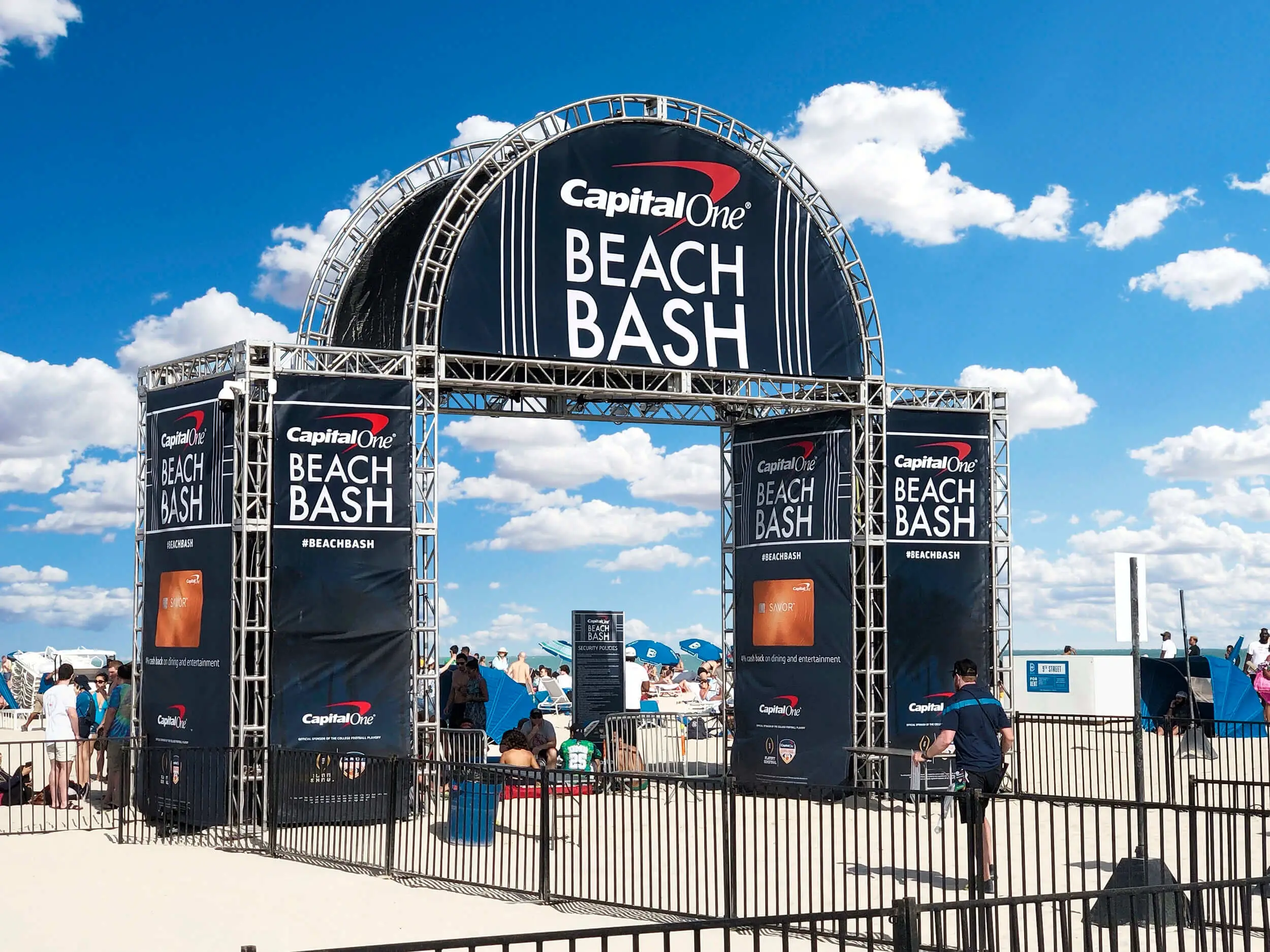 Capital One Beach Bash entrance arch and truss towers on the beach