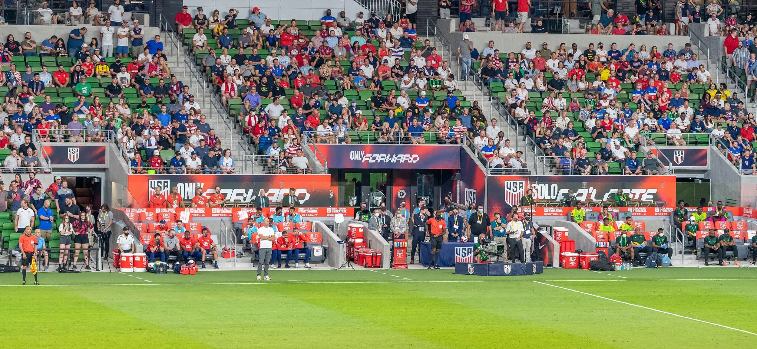 Sideline boards and stand graphics at a U.S. Soccer match