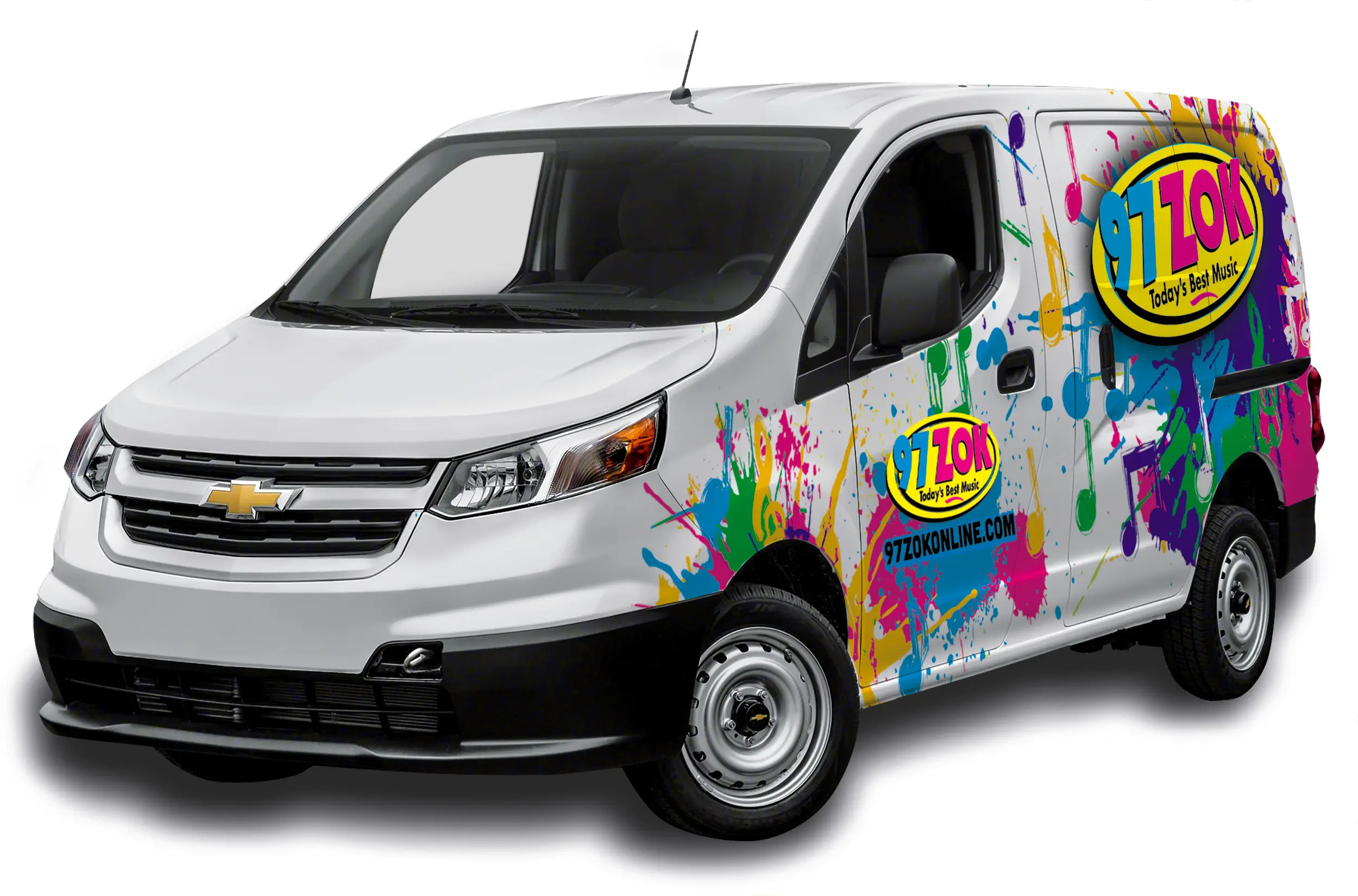 Cargo van with a colorful radio station wrap