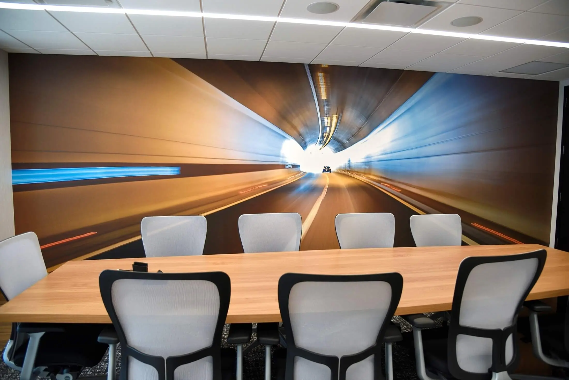 Conference room mural of light streaks
