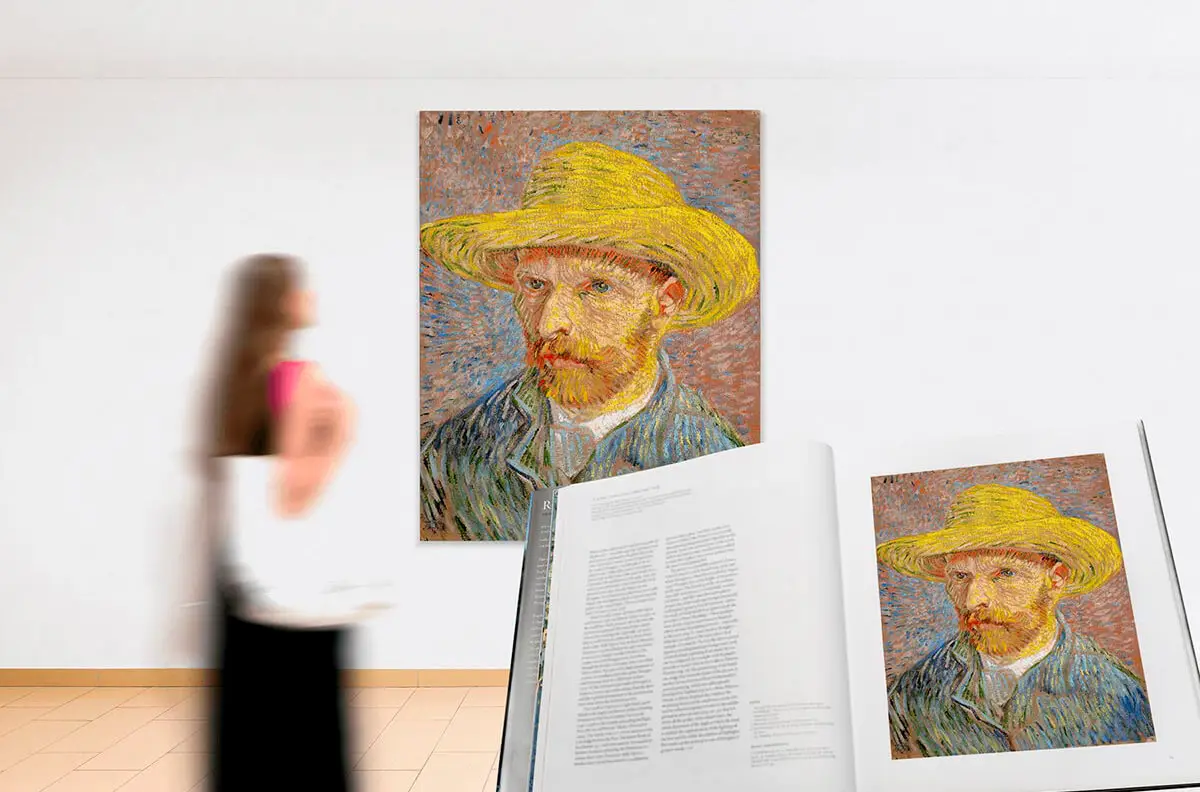 Art book spread shown beside a Van Gogh self-portrait