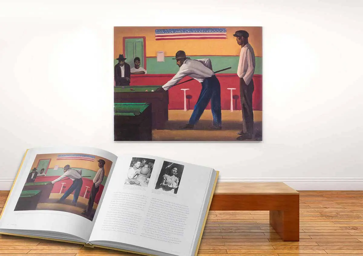 Painting of pool players with its reproduction in an open book